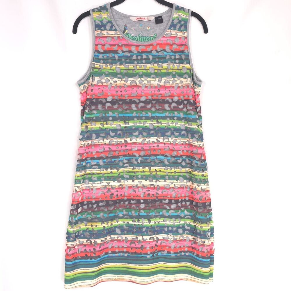 DESIGUAL Colorful Stripe Phoenix‎ Dress Laser Cutout Sleeveless MEDIUM Women's